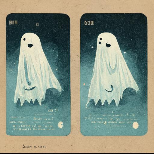 ghost trading cards that say “Boo” in a spooky font, Ghost character