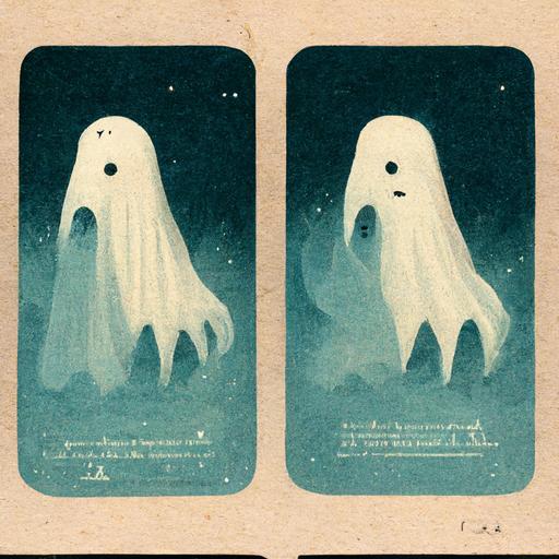 ghost trading cards that say “Boo” in a spooky font, Ghost character