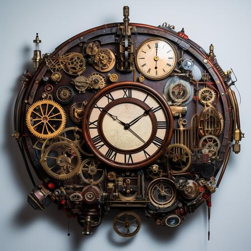 giant artist wall clock with steampunk elements made from items found by artist, pipes, discarded wood, pvc pipe, old watches, exhaust pipes from old vehicle, old parts from an old classic vehicle --s 50