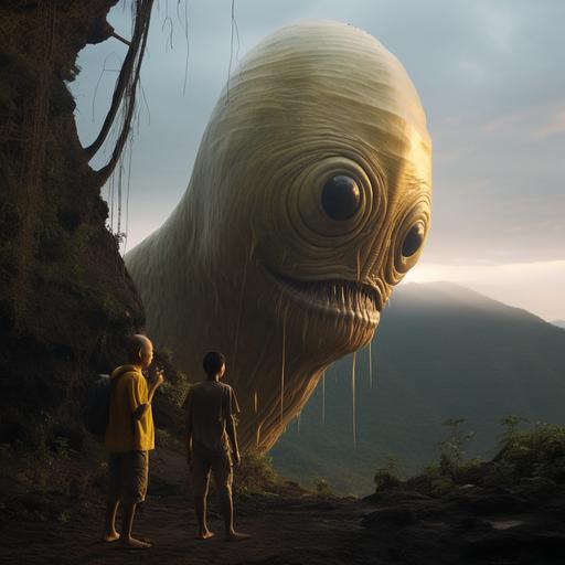 giant banana aliens with bulbous antenna eyes emerging from the mouth of son doong. hyperrealistic, absurd