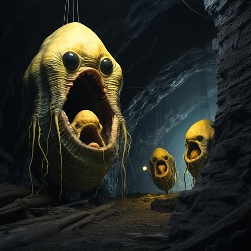 giant banana aliens with bulbous antenna eyes emerging from the mouth of son doong. hyperrealistic, absurd