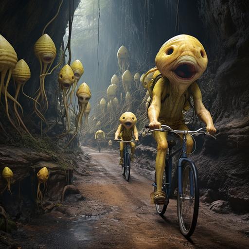 giant banana aliens with bulbous antenna eyes riding bicycles emerging from the mouth of son doong. hyperrealistic, absurd