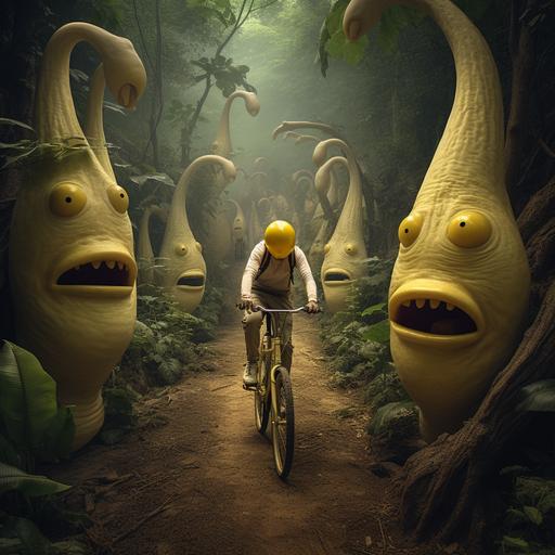 giant banana aliens with bulbous antenna eyes riding bicycles emerging from the mouth of son doong. hyperrealistic, absurd
