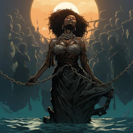 giant black women, with a big afro, crying, with a old dress on, standing in the ocean, chains on her hands, which are attached to a old slaveship isometric, the chains reach from the ship to her and wrap around her wrists, the ship is smaller than her, in the ocean, with alot of black people floating in the water around her and the ship isometric,