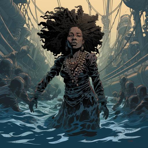 giant black women, with a big afro, crying, with a old dress on, standing in the ocean, chains on her hands, which are attached to a old slaveship isometric, the chains reach from the ship to her and wrap around her wrists, the ship is smaller than her, in the ocean, with alot of black people floating in the water around her and the ship isometric,