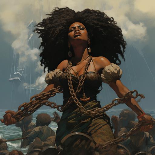 giant black women, with a big afro, crying, with a old dress on, standing in the ocean, chains on her hands, which are attached to a old slaveship, the chains reach from the ship to her and wrap around her wrists, the ship is smaller than her, in the ocean, with alot of black people floating in the water around her and the ship isometric