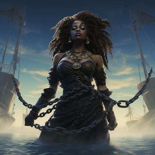 giant black women, with a big afro, crying, with a old dress on, standing in the ocean, on the right side, chains on her hands, which are attached to a old slaveship on the left side, the chains reach from the ship to her and wrap around her wrists and neck, the ship is smaller than her, in the ocean, alot of black people smaller than her floating in the water around her and the ship, 4k, 3D, realistic, isometric.