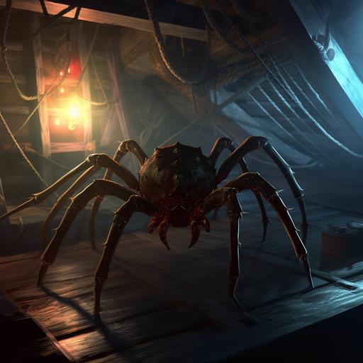 giant blackwidow spider, in the shadows, below deck on a pirate ship, fantasy, digital art illustration, artstation --no people, person, human --v 5
