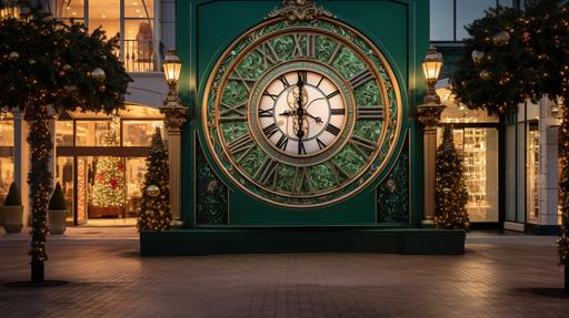 giant christmas clock with gold art deco scrollwork christmas lights in front of green perfume shop --ar 16:9
