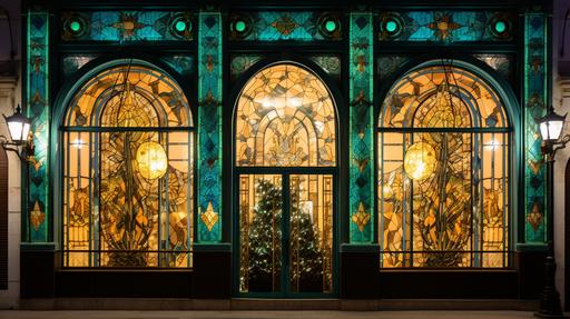 giant christmas stained glass window with christmas lights with green and gold art deco arabesques with golden lights in front of o boticário store --ar 16:9