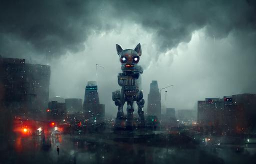 giant evil robot chihuahua looming over city, night, heavy rain, realistic, cinematic, --h 1200 --w 1920