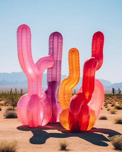 giant inflatable neon colors cactus balloons covering tucson city, minimalist --chaos 30 --ar 4:5 --stylize 150 --v 5.2