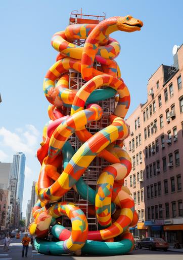giant inflatable ophidian snakes sculpture on top of a snake temple in new york city, minimalist --c 30 --v 5.2 --s 200 --ar 5:7