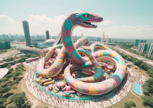 giant inflatable ophidian snakes sculpture on top of a snake temple in bangkok city, minimalist --c 30 --v 5.2 --s 200 --ar 7:5