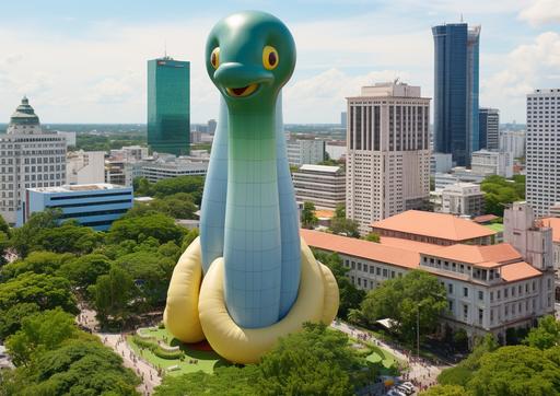 giant inflatable ophidian snakes sculpture on top of a snake temple in bangkok city, minimalist --c 30 --v 5.2 --s 200 --ar 7:5