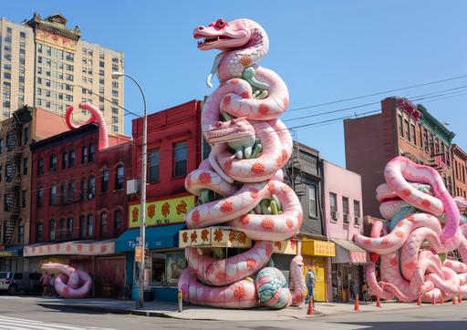 giant inflatable ophidian snakes sculpture on top of a snake temple in new york city, minimalist --c 30 --v 5.2 --s 200