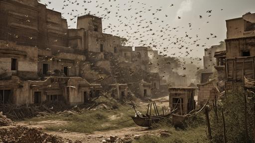 giant locusts invading an ancient city, desperate people --ar 16:9 --v 5.0
