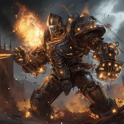 giant medieval steampunk robot wearing knight armor using magic lightning to shoot down enemies in battle concept drawing