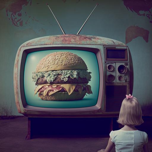 giant old retro tv with a hamburger in the screen and lightning hitting the antennae beautiful blonde cavegirl woman 1980s pastel destroyed city, pastel colors, muted colors, intricate details, depth of field, moody lighting, cinematic, 35mm, directed by david lynch, directed by denis villeneuve, photorealistic, realistic details, intricate details, technicolor, hasselblad, 150mm, 4k --q 2 --v 4