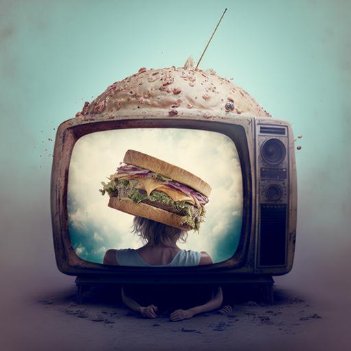 giant old retro tv with a hamburger in the screen and lightning hitting the antennae beautiful blonde cavegirl woman 1980s pastel destroyed city, pastel colors, muted colors, intricate details, depth of field, moody lighting, cinematic, 35mm, directed by david lynch, directed by denis villeneuve, photorealistic, realistic details, intricate details, technicolor, hasselblad, 150mm, 4k --q 2 --v 4