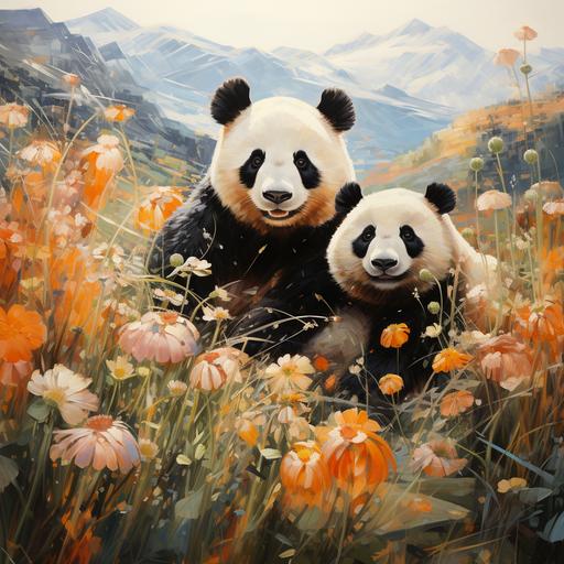giant pandas rolling in fields of asphodel blossoms --s 250