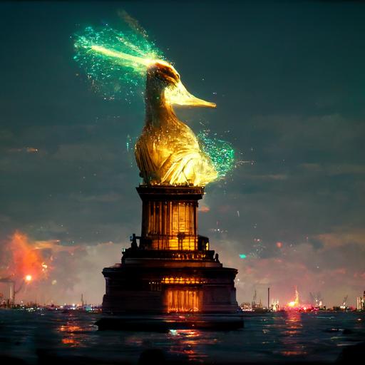 giant radioctive duck destroys the statue of liberty with his laser eyes  4k UHD   immense detail   aspect ratio: 16:9