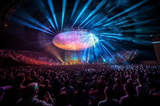 giant rainbow-colored dome with mapped projection, outdoors with lights, five hundred and fifty people sitting in bleachers, central stage with LEDs --ar 3:2