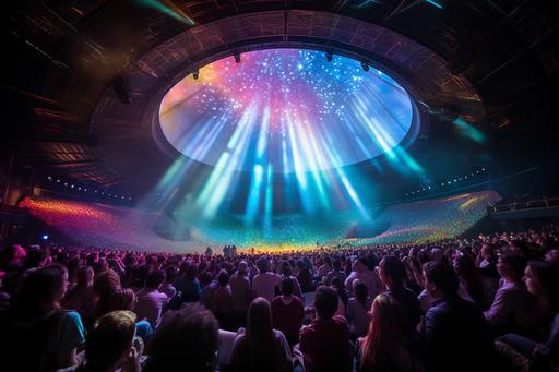giant rainbow-colored dome with mapped projection, outdoors with lights, five hundred and fifty people sitting in bleachers, central stage with LEDs --ar 3:2