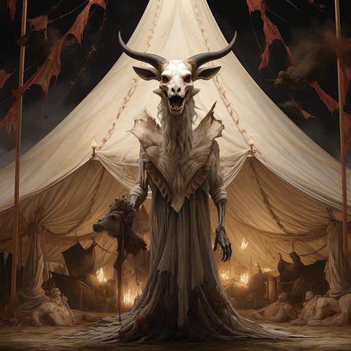 giant skeleton goat rising out of circus tent, scary mood, ripped fabric, bats in background,