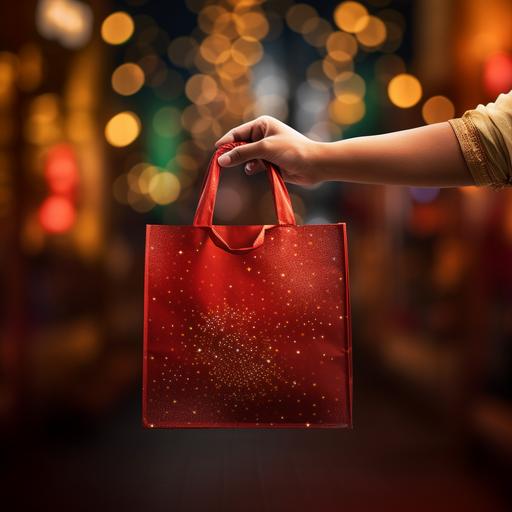 gifting red shopping bag in diwali, show closeup shot for one hands giving and other hand taking, realistic, super real