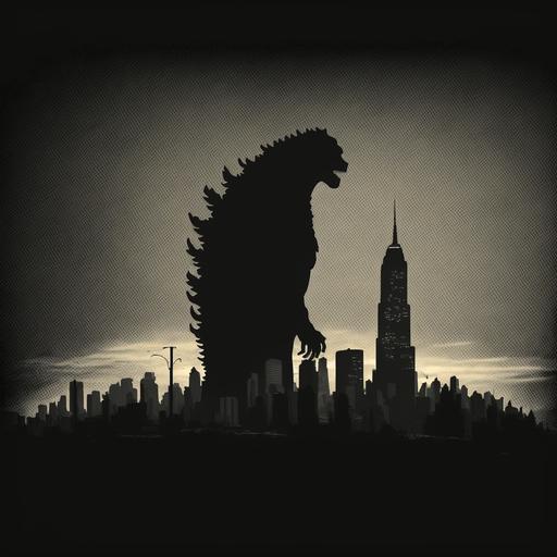 gigantic Godzilla silhouette epically overshadowing Manhattan, epic cinematography