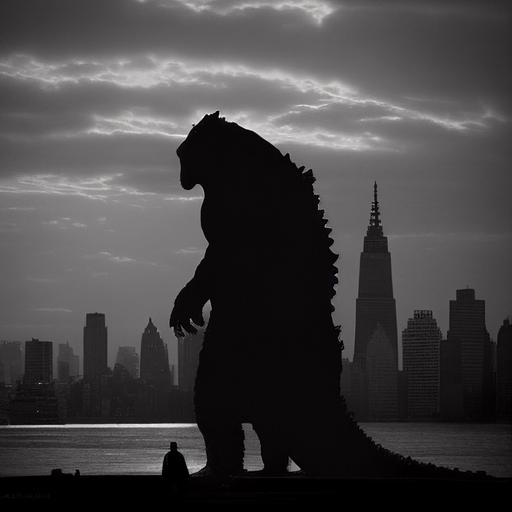 gigantic Godzilla silhouette epically overshadowing Manhattan, epic cinematography