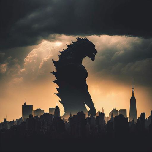gigantic Godzilla silhouette epically overshadowing over Manhattan, EF5 supercell weather photography