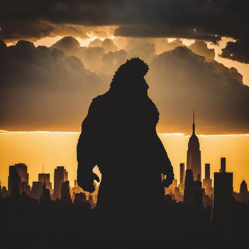 gigantic Godzilla silhouette epically shadowing over Manhattan, golden hour, EF5 supercell weather photography