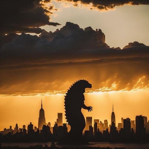 gigantic Godzilla silhouette epically shadowing over Manhattan, golden hour, EF5 supercell weather photography