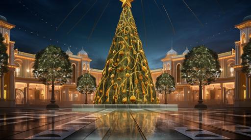 gigantic christmas tree in the center of a square decorated with art deco arabesques green and gold with gold lights in setting christmas square decorated with lights gold and green with art deco arabesques in gold and lighted poles, --ar 16:9