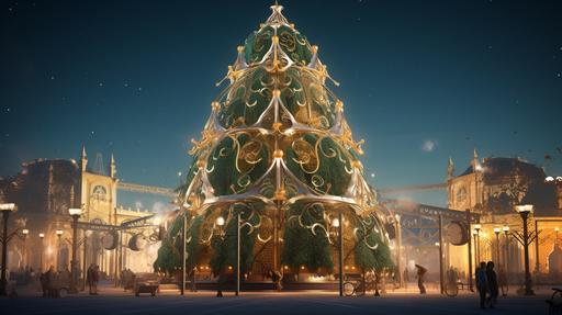 gigantic christmas tree in the center of a square decorated with art deco arabesques green and gold with gold lights in setting christmas square decorated with lights gold and green with art deco arabesques in gold and lighted poles, --ar 16:9