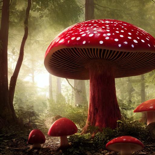 gigantic red and white mushroom in an ancient forest, epic, majestic, sunshine coming from the side, alien deer eating leaves from a purple bush, unreal engine, octane render, 4K, 8K, hyperrealistic, hyperdetailed, intricate detail, photorealistic --testp --upbeta