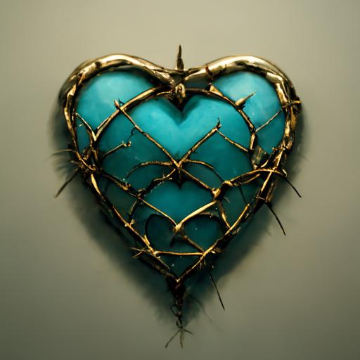 gilded heart crossed with silver barbed wire, dark cyan background --uplight --v 3