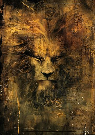 gilgamesh and his lion portrait, three quarter view, evil look, surrealist style, dynamic lighting style of yoji shinkawa and Zdzisław Beksiński, lucid vision of visual kei, feculent discharge, cyanotype, altar of kei madness, draining crimson exsanguination, encaustic, highly detailed and intricate, golden ratio, ornate, breathtaking epic, album cover ancient ominous lighting --v 6.0 --c 20 --ar 5:7