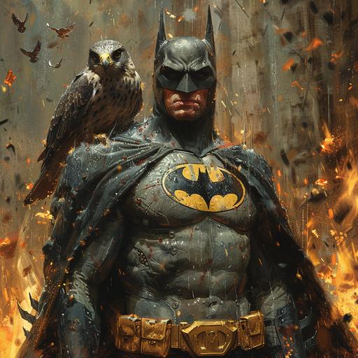 gilgamesh wet batman potrait with a falcon sitting on his shoulder, fire flames in the background, comic theme --s 750 --v 6.0