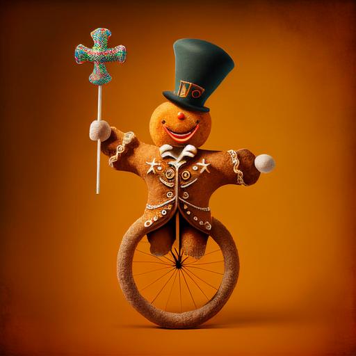 gingerbread man wearing clown costume, riding on an unicycle