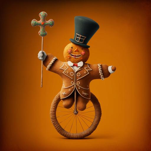 gingerbread man wearing clown costume, riding on an unicycle