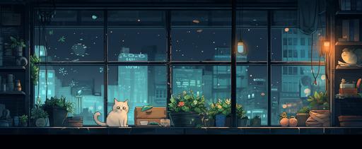 /giphy query:Cat sleeping on the window from a grocery store at night, cartoon style, lofi, shining --ar 22:9