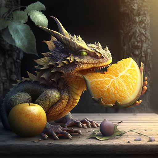 dragon, sniffs the fruits and takes a bite from the Golden Mango, global illumination, detailed and intricate environment,Super Realistic, 8K, UHD --seed 2112856126 --version 4 --seed 2485910552