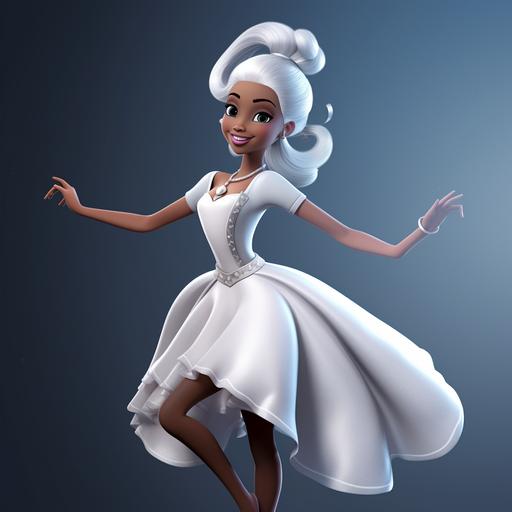 black girl, 13 years old, tall and thin, straight, long, silver hair, light bangs, bright baby silver eyes, slightly smiling mouth with burgandy lipstick, wearing a a white ballerina's uniform, flat ribbon shoes, with diamond tiara on her head , dancing ballet, Disney style, 3D, animated, detailed