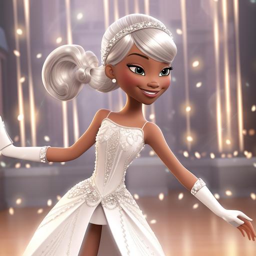 black girl, 13 years old, tall and thin, straight, long, silver hair, light bangs, bright baby silver eyes, slightly smiling mouth with burgandy lipstick, wearing a a white ballerina's uniform, flat ribbon shoes, with diamond tiara on her head , dancing ballet, Disney style, 3D, animated, detailed