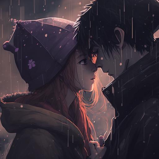 anime girl and boy kissing in the rain
