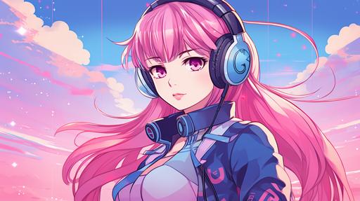 girl anime on a pink blue twitch banner background --ar 16:9