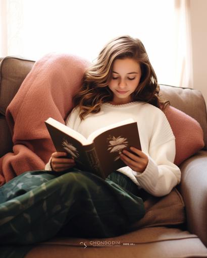 girl cozy reading bible on couch in sweater --ar 8:10